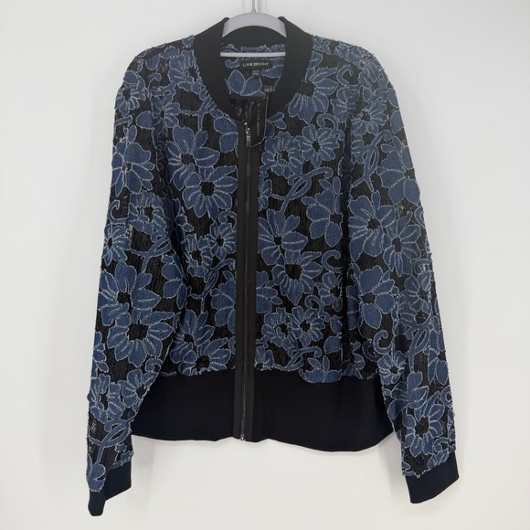 Lane Bryant Jackets & Blazers - Lane Bryant Bomber Jacket Women 26/28 Blue Floral Sheer Lace Denim Applique Boho